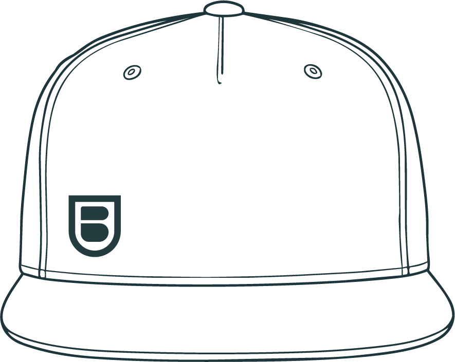 Line drawing of a flat-brim snapback with the B shield logo on the front panel